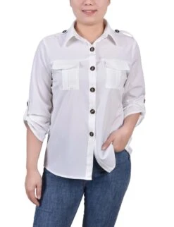 Women's White 3/4 Sleeve Roll Tab Blouse with Military-Style Epaulettes