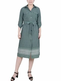 Black Chevron Belted Shirtdress with Roll Tab Sleeves