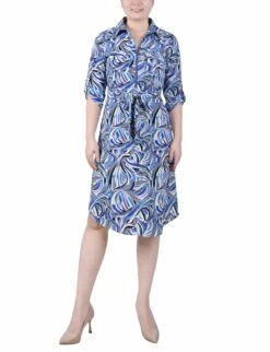 Women's Abstract Print Zip-Front Shirtdress with Roll Tab Sleeves