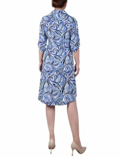 Women's Abstract Print Zip-Front Shirtdress with Roll Tab Sleeves -Dressbarn Store MSTD1730BLUEWHITEBLACKPUCCIBACK