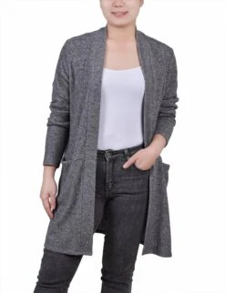 Silver Long Sleeve Open-Front Cardigan with Side Pockets