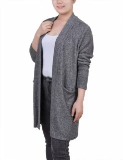 Silver Long Sleeve Open-Front Cardigan with Side Pockets -Dressbarn Store MSWR4546SILVERSIDE