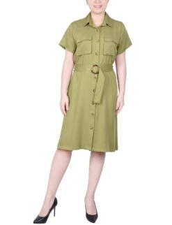 Olive Green Short Sleeve Safari Style Twill Shirtdress