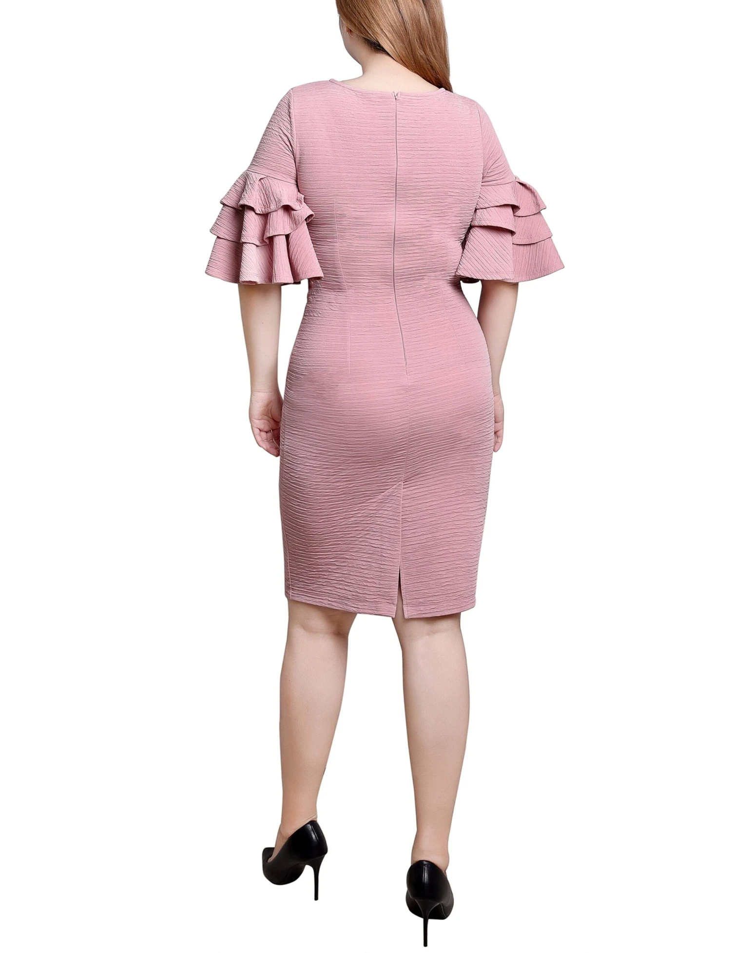 Blush Pink Bolero Sleeve Bodycon Dress - Elegant Textured Knit Party Dress 3 Blush Pink Bolero Sleeve Bodycon Dress - Elegant Textured Knit Party Dress - Image 3