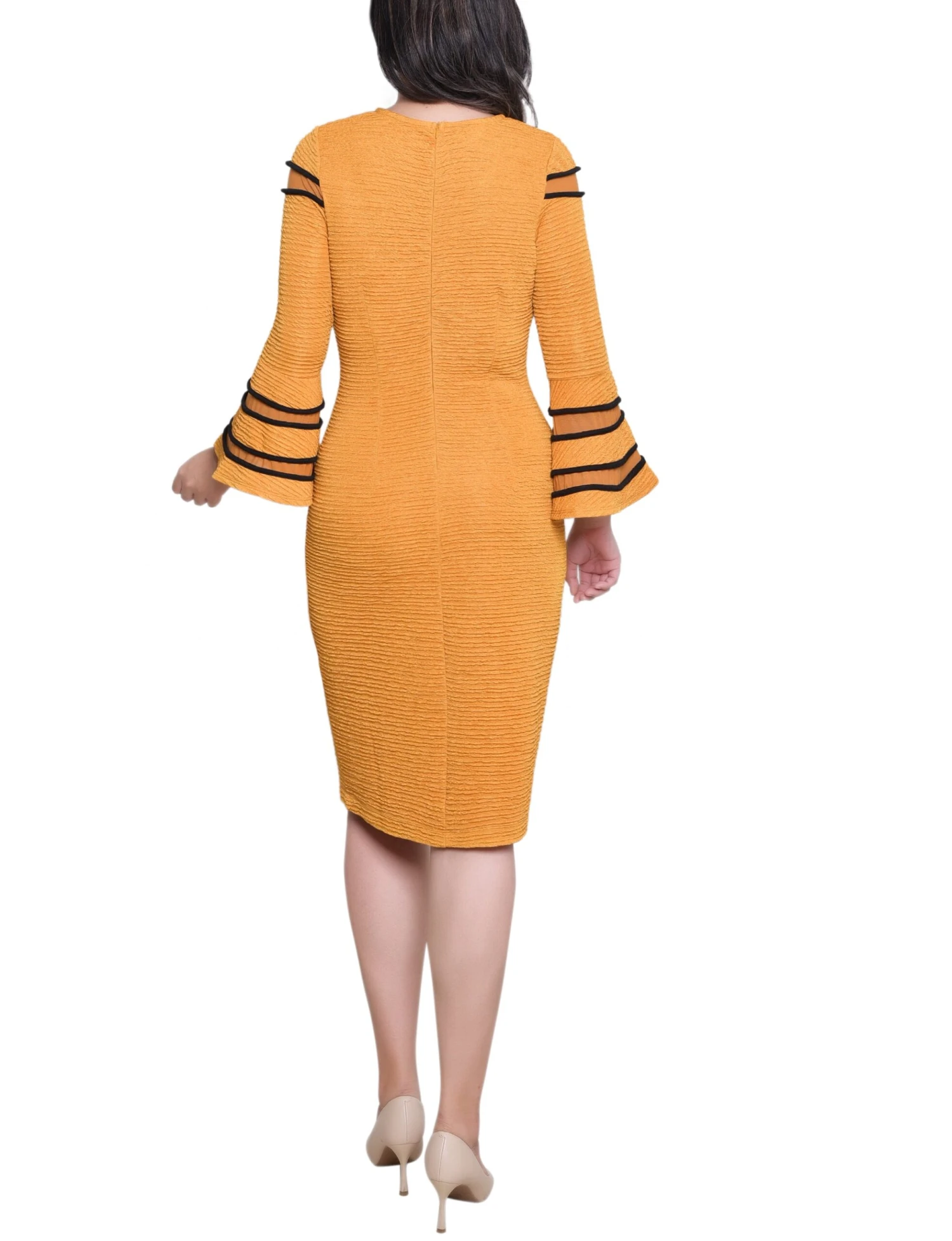 Black Long Bell Sleeve Dress with White Contrast Striping 4 Black Long Bell Sleeve Dress with White Contrast Striping - Image 4