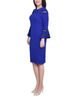 Elegant Sapphire Navy Long Bell Sleeve Dress with Contrast Striping -Dressbarn Store MTXD3792SAPPHIRENAVYSIDE