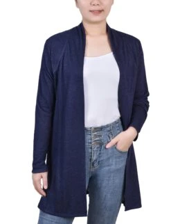 Women's Navy Blue Collared Cardigan - Elegant Lightweight Layering