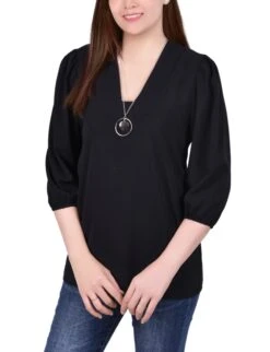 Elegant Petite Black 3/4 Sleeve Blouse with Statement Necklace