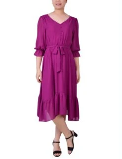 Petite Magenta V-Neck Flounced Dress with 3/4 Balloon Sleeves