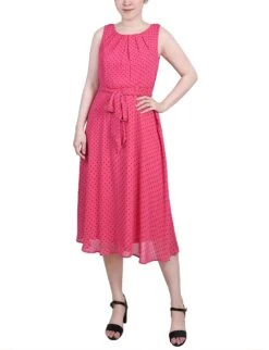 Polka Dot Petite Chiffon Midi Dress - Pink and Black Sleeveless Belted Dress