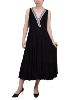 Petite Black Sleeveless Surplice Tiered Dress - Summer Fashion
