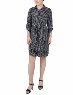 Jet Snowpop 3/4 Roll Tab Sleeve Collared Dress - Petite