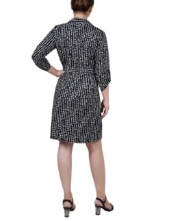 Jet Snowpop 3/4 Roll Tab Sleeve Collared Dress - Petite -Dressbarn Store PITD3467JETSNOWPOPBACK