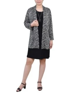 Petite Black Two-Piece Dress Set with Printed Jacket