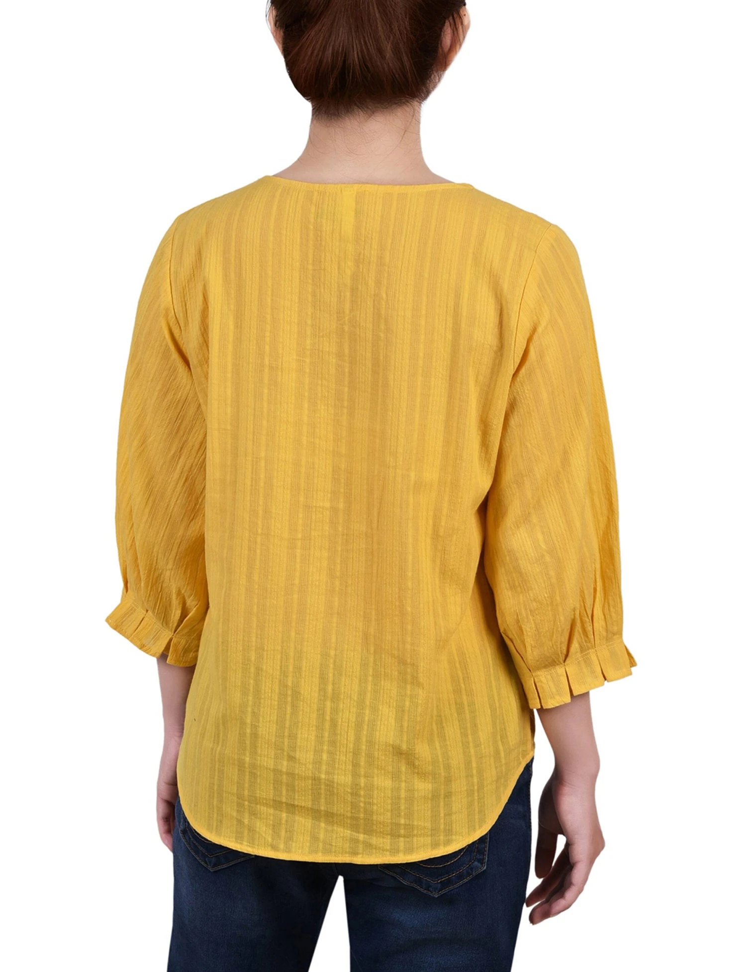 Yellow Petite Jacquard Blouse - 3/4 Sleeve Button Placket Top 2 Yellow Petite Jacquard Blouse - 3/4 Sleeve Button Placket Top - Image 2