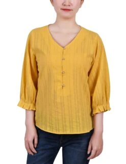 Yellow Petite Jacquard Blouse - 3/4 Sleeve Button Placket Top