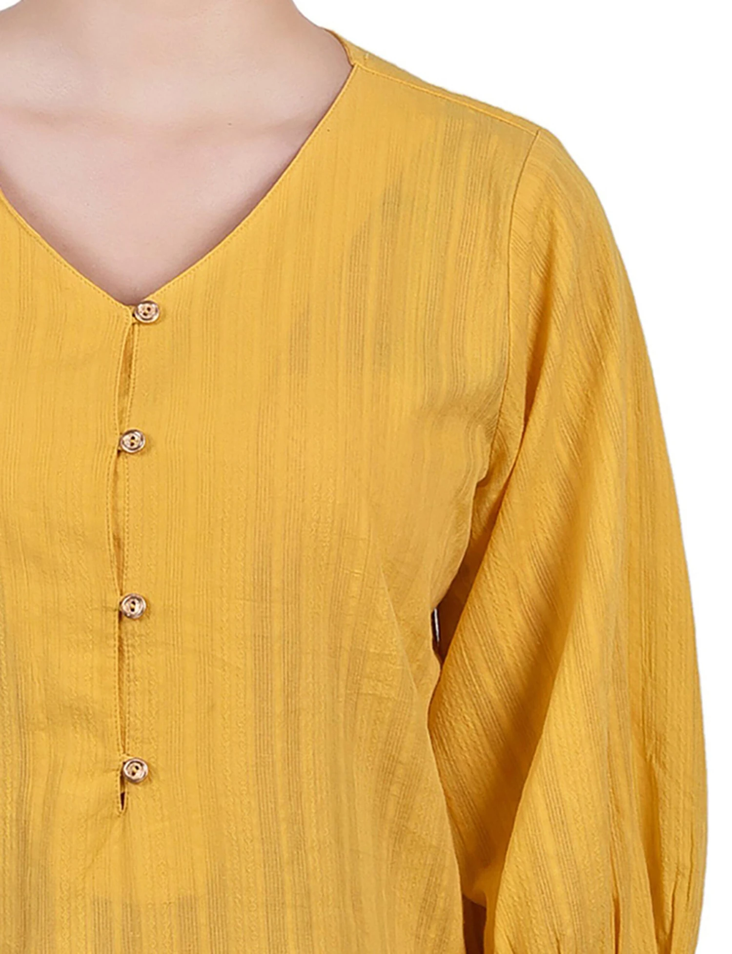 Yellow Petite Jacquard Blouse - 3/4 Sleeve Button Placket Top 4 Yellow Petite Jacquard Blouse - 3/4 Sleeve Button Placket Top - Image 4