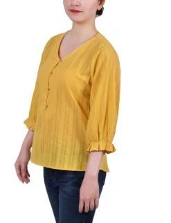 Yellow Petite Jacquard Blouse - 3/4 Sleeve Button Placket Top 6 Yellow Petite Jacquard Blouse - 3/4 Sleeve Button Placket Top -Dressbarn Store PJWU4141MUSTARDSIDE