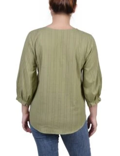 Petite Green 3/4 Sleeve Jacquard Blouse with Button Placket -Dressbarn Store PJWU4141SAGEBACK