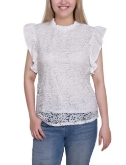 White Flutter Sleeve Lace Top for Petite Women - Refined Floral Detail