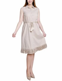 Petite Beige Sleeveless Belted Fringed Dress with Boho Trim