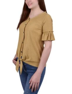 Petite Mustard Bell Sleeve Blouse with Lattice Crochet Detail