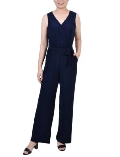 Petite Navy Sleeveless Belted Jumpsuit with Adjustable Waist Tie