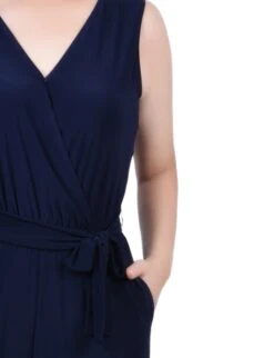 Petite Navy Sleeveless Belted Jumpsuit with Adjustable Waist Tie -Dressbarn Store PQIU0003NAVYDETAIL