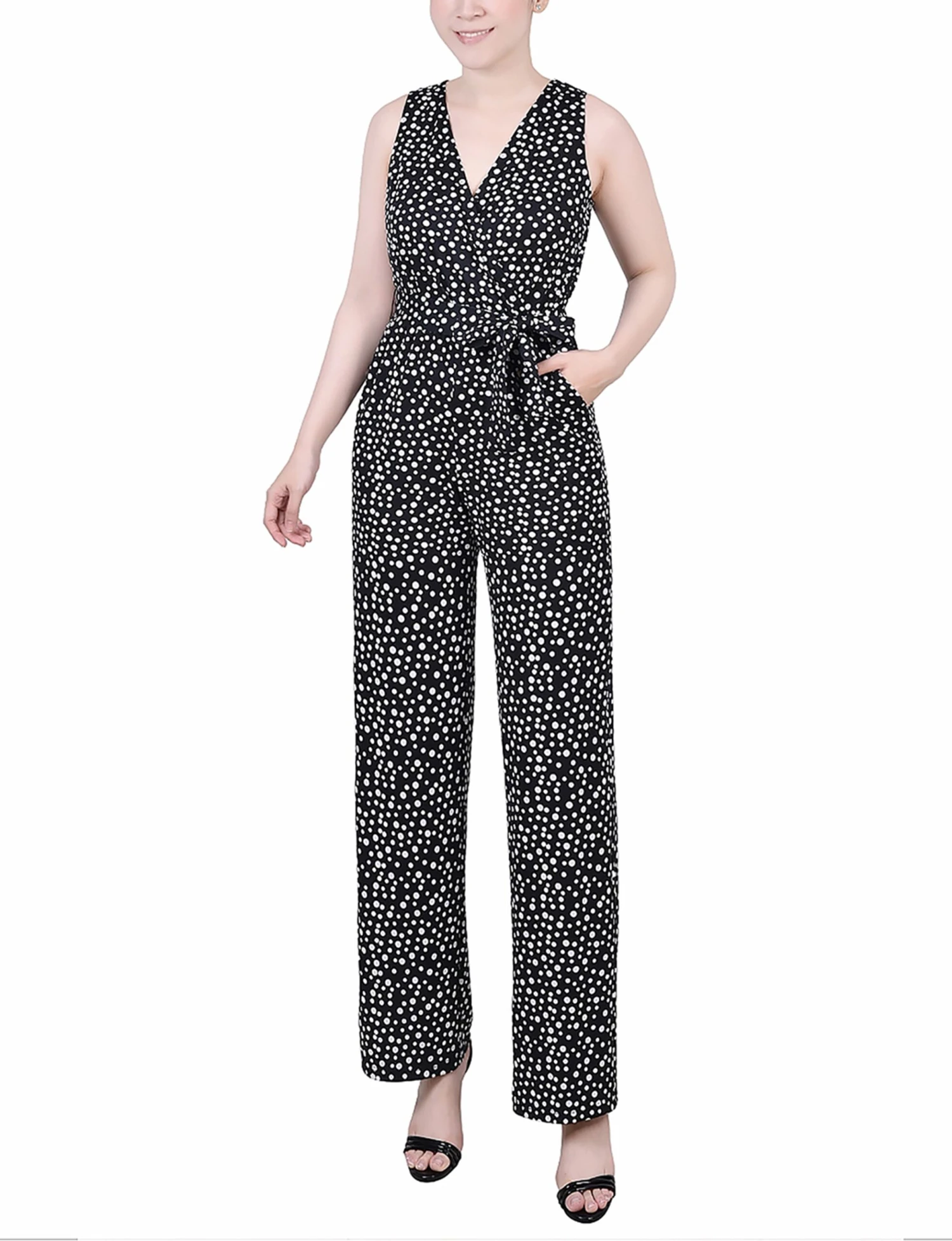 Petite Black Polka Dot Jumpsuit - Sleeveless Belted One-Piece 1 Petite Black Polka Dot Jumpsuit - Sleeveless Belted One-Piece