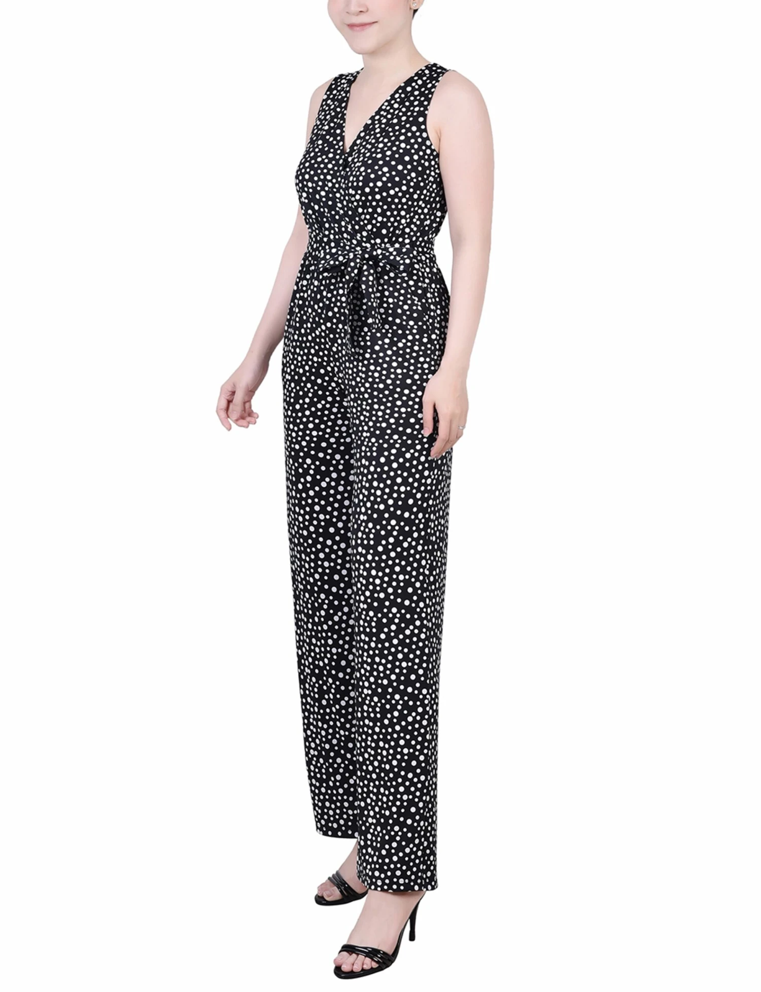 Petite Black Polka Dot Jumpsuit - Sleeveless Belted One-Piece 2 Petite Black Polka Dot Jumpsuit - Sleeveless Belted One-Piece - Image 2