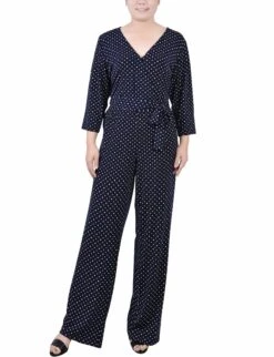 Petite Navy Polka Dot Wide Leg Jumpsuit with Belted Waist