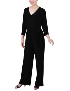 Petite Black Wide-Leg Belted Jumpsuit with 3/4 Sleeves