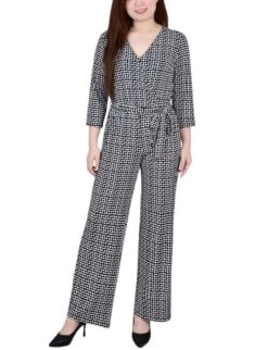 Polka Dot 3/4 Sleeve Belted Wide Leg Jumpsuit - Petite Short Length