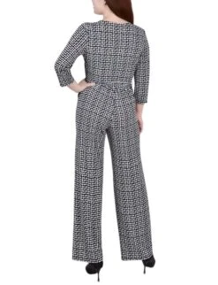 Polka Dot 3/4 Sleeve Belted Wide Leg Jumpsuit - Petite Short Length -Dressbarn Store PQIU0014JETSNOWPOPBACK