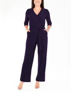 Petite Navy 3/4 Sleeve Belted Wide Leg Jumpsuit - Short Length