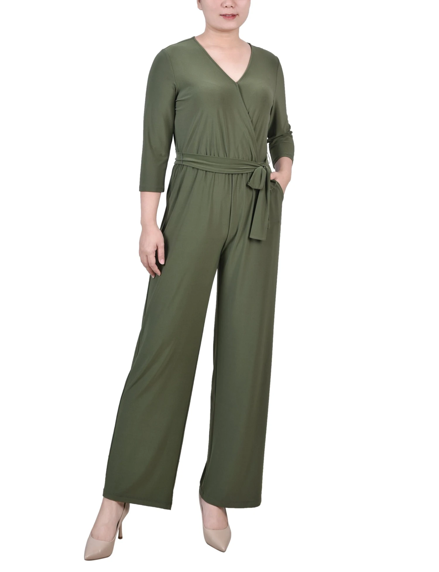 Petite Olive Wide Leg Jumpsuit with 3/4 Sleeves and Belted Waist 1 Petite Olive Wide Leg Jumpsuit with 3/4 Sleeves and Belted Waist