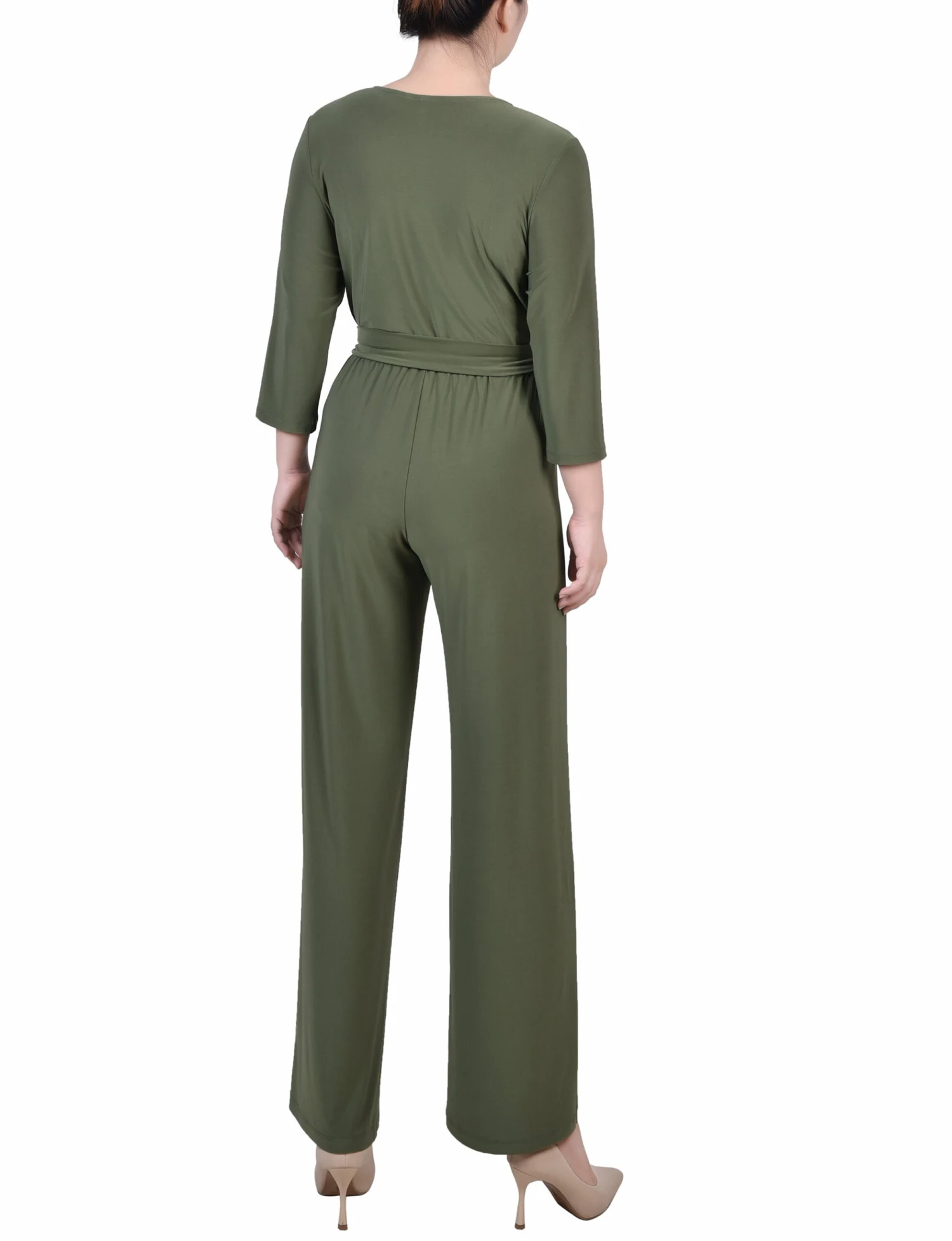 Petite Olive Wide Leg Jumpsuit with 3/4 Sleeves and Belted Waist 4 Petite Olive Wide Leg Jumpsuit with 3/4 Sleeves and Belted Waist - Image 4