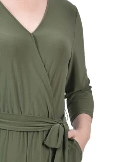 Petite Olive Wide Leg Jumpsuit with 3/4 Sleeves and Belted Waist 6 Petite Olive Wide Leg Jumpsuit with 3/4 Sleeves and Belted Waist -Dressbarn Store PQIU0014OILGREENDETAIL