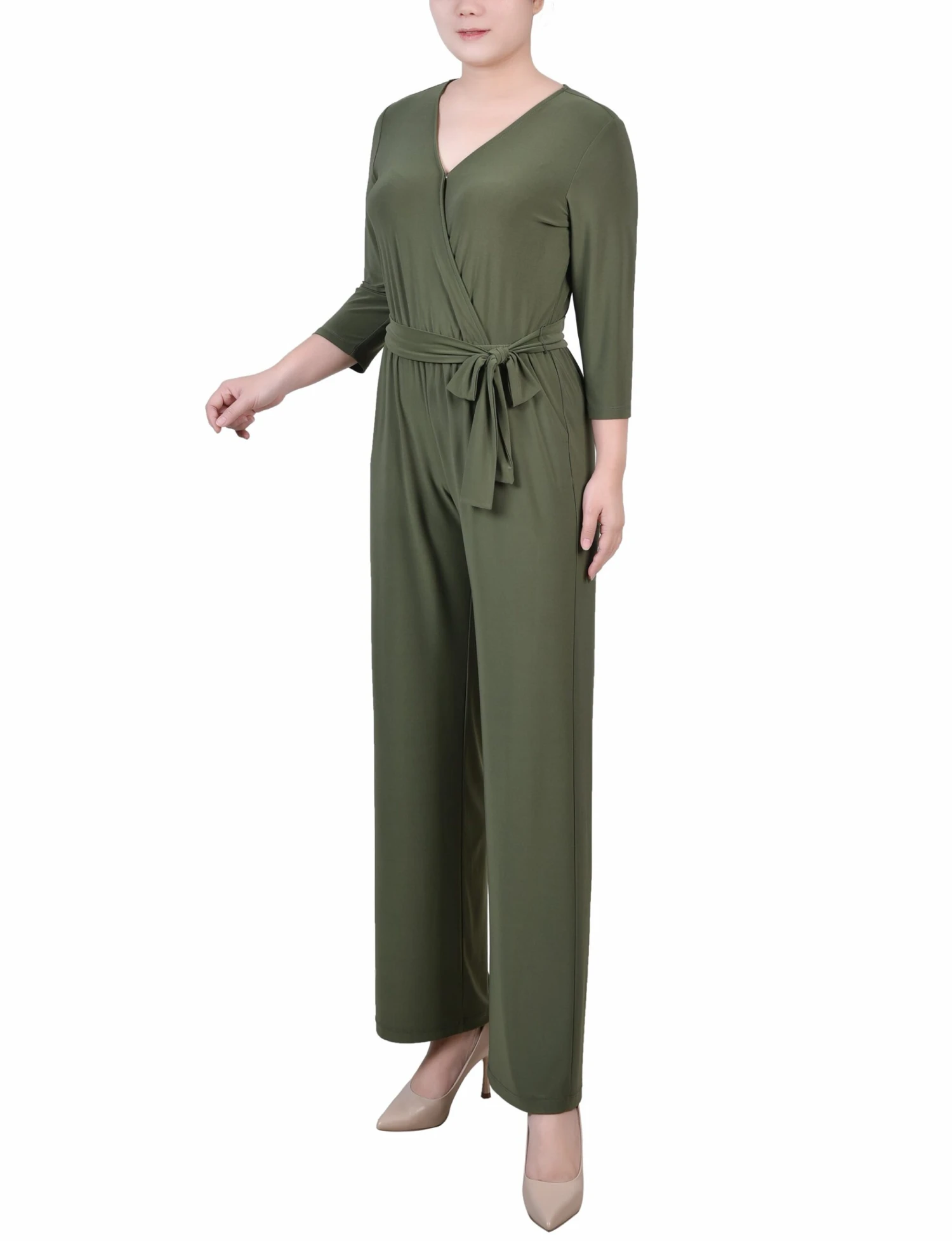 Petite Olive Wide Leg Jumpsuit with 3/4 Sleeves and Belted Waist 2 Petite Olive Wide Leg Jumpsuit with 3/4 Sleeves and Belted Waist - Image 2