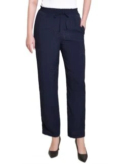 Petite Navy Embroidered Pull-On Pants with Elastic Waist