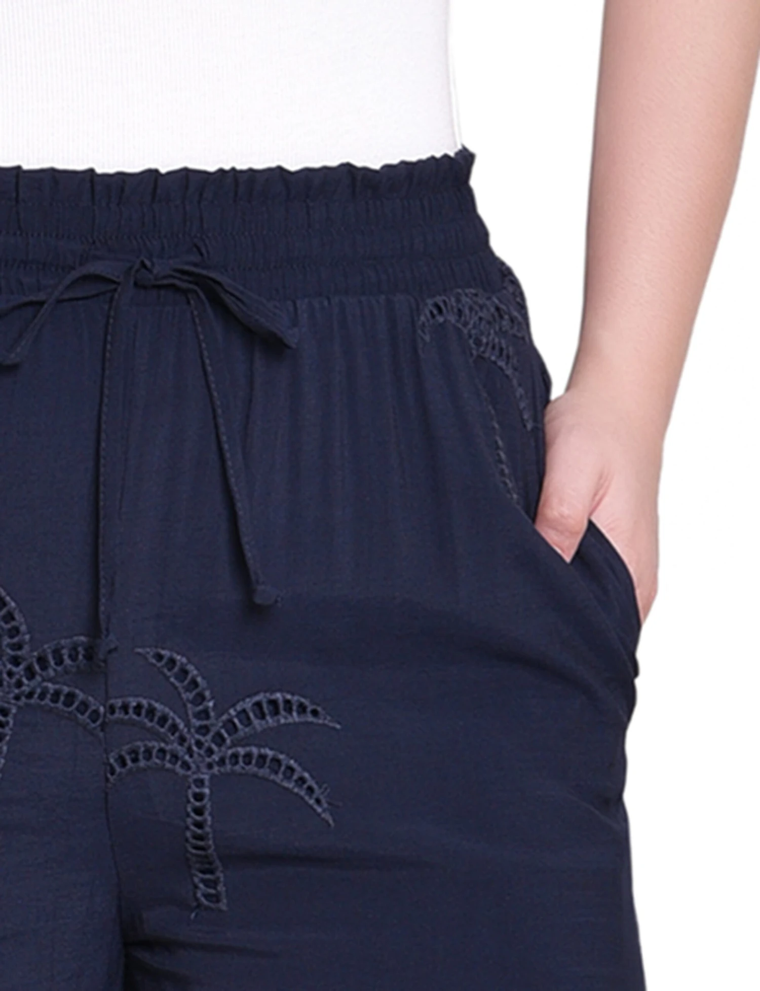 Petite Navy Embroidered Pull-On Pants with Elastic Waist 2 Petite Navy Embroidered Pull-On Pants with Elastic Waist - Image 2