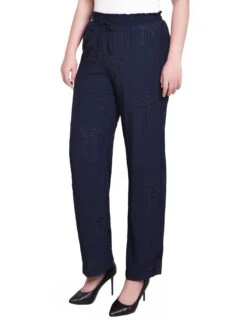 Petite Navy Embroidered Pull-On Pants with Elastic Waist 6 Petite Navy Embroidered Pull-On Pants with Elastic Waist -Dressbarn Store PRJP9666NAVYSIDE