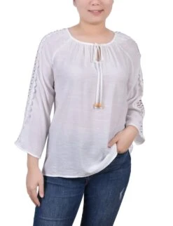 Petite White 3/4 Sleeve Peasant Blouse with Crochet Trim