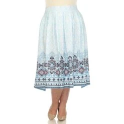 Plus Size Blue Pleated Midi Skirt with Pockets and Border Print