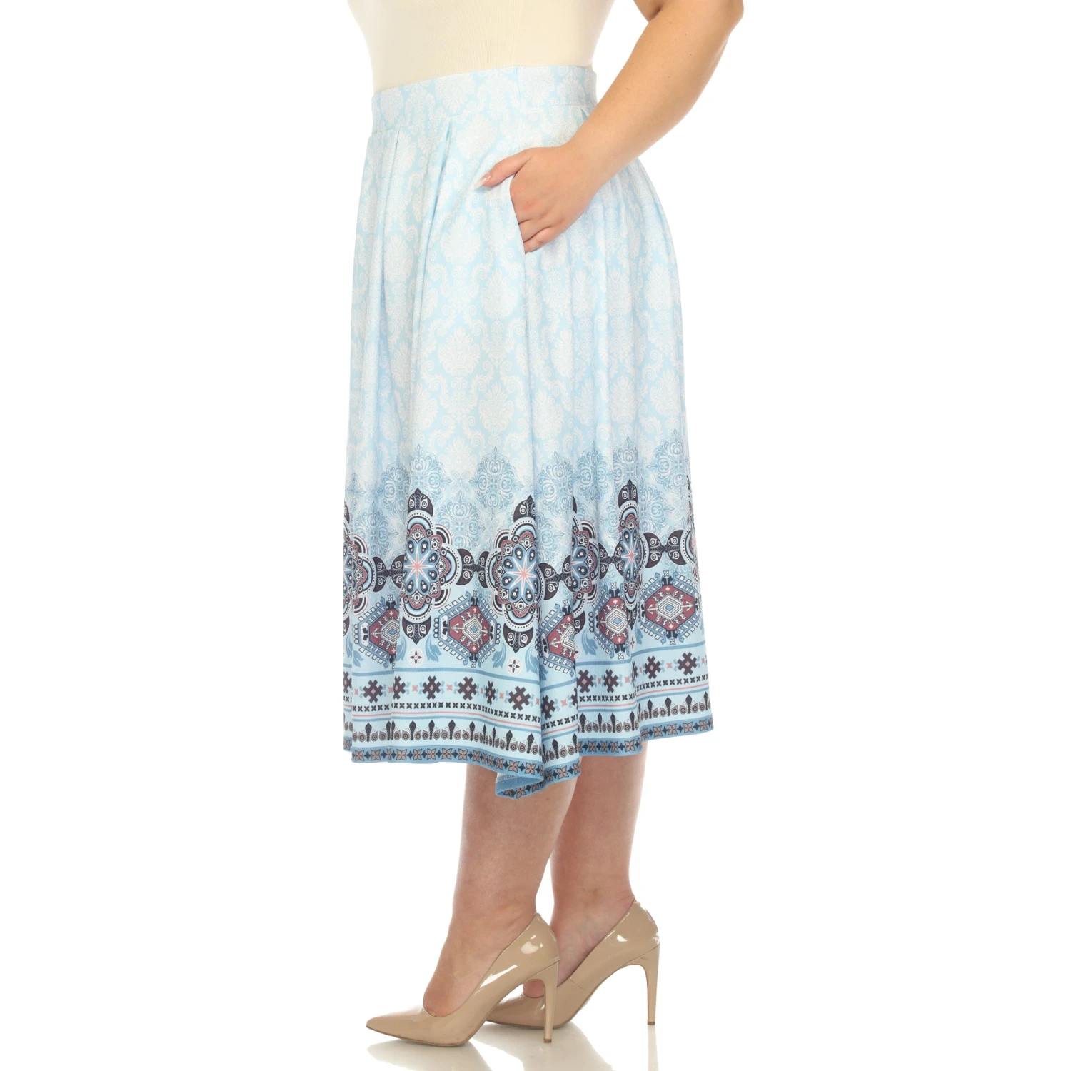 Plus Size Blue Pleated Midi Skirt with Pockets and Border Print 2 Plus Size Blue Pleated Midi Skirt with Pockets and Border Print - Image 2