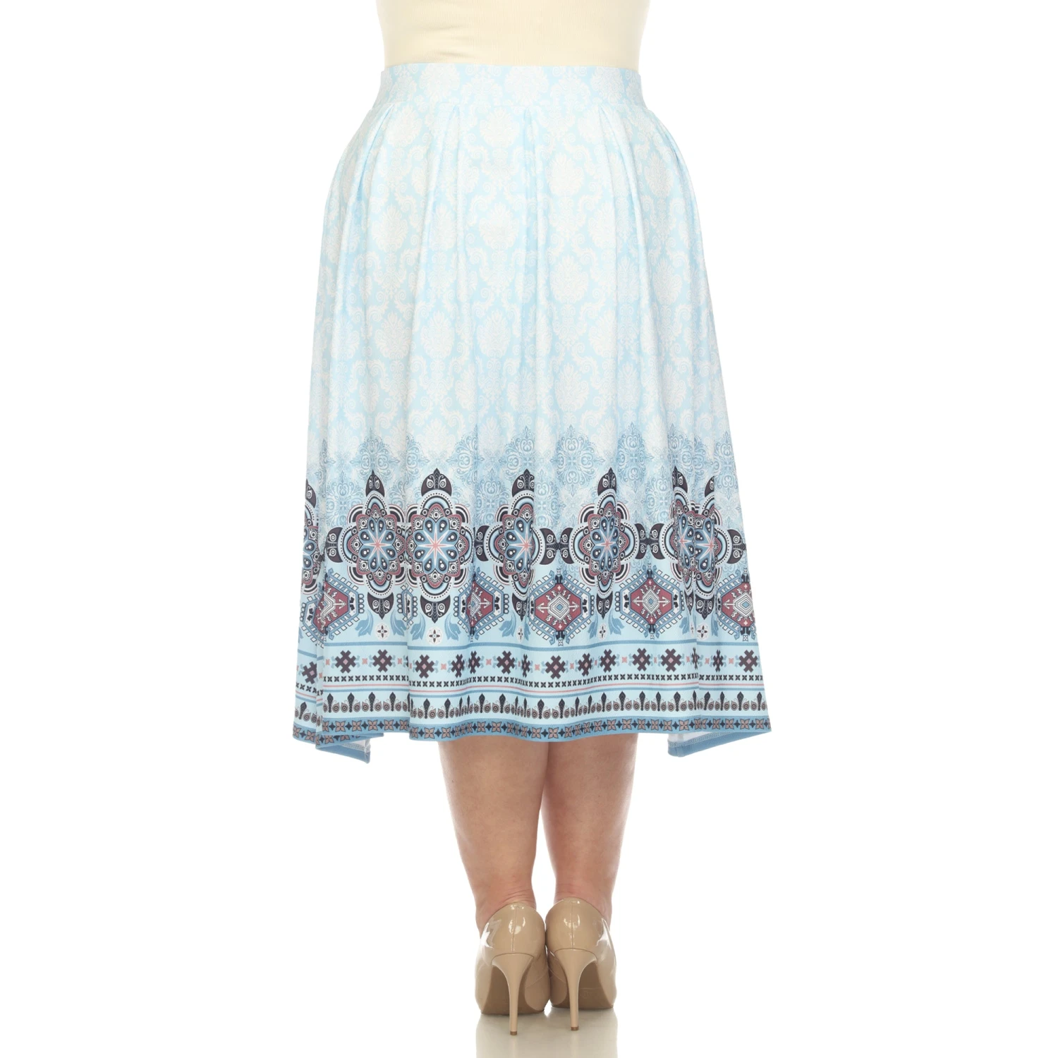 Plus Size Blue Pleated Midi Skirt with Pockets and Border Print 3 Plus Size Blue Pleated Midi Skirt with Pockets and Border Print - Image 3
