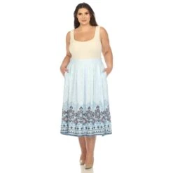Plus Size Blue Pleated Midi Skirt with Pockets and Border Print 9 Plus Size Blue Pleated Midi Skirt with Pockets and Border Print -Dressbarn Store PS707 52 5