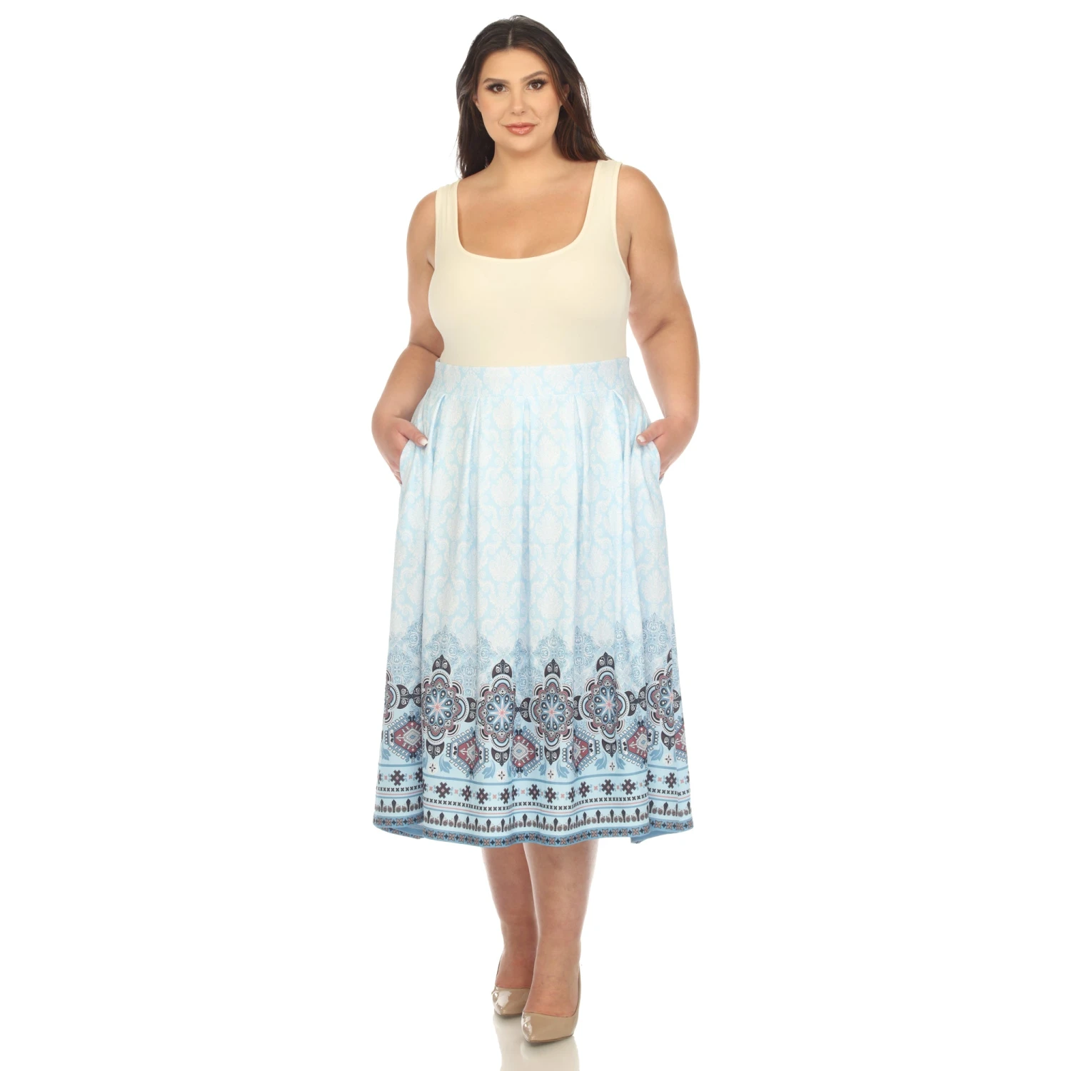 Plus Size Blue Pleated Midi Skirt with Pockets and Border Print 5 Plus Size Blue Pleated Midi Skirt with Pockets and Border Print - Image 5