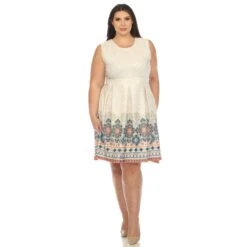 Plus Size Beige Paisley Border Print Fit & Flare Dress