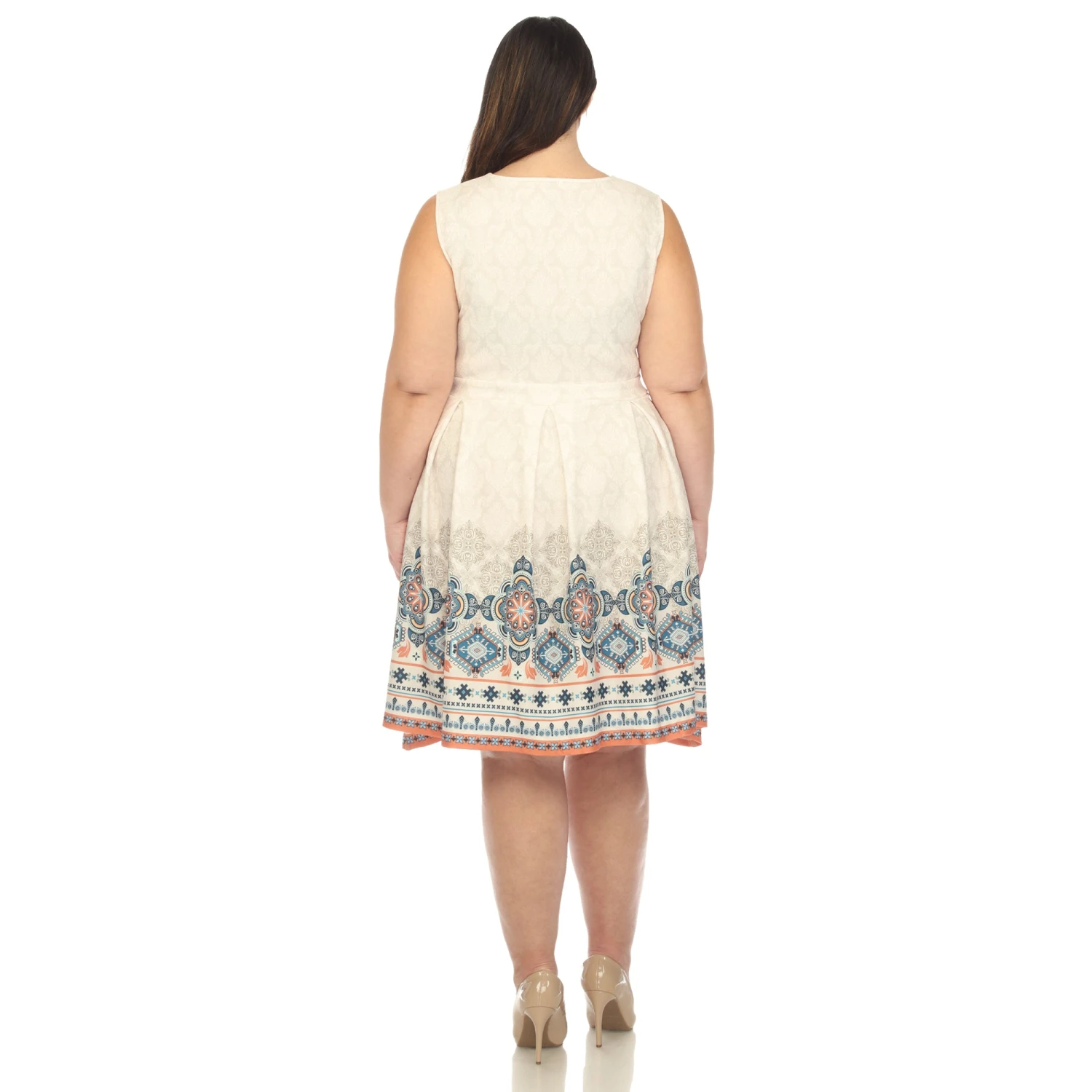 Plus Size Beige Paisley Border Print Fit & Flare Dress 3 Plus Size Beige Paisley Border Print Fit & Flare Dress - Image 3